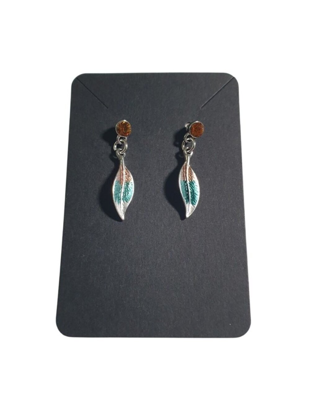 Leaf Shape Drop Earrings Silver Green Orange Post Back Stylish Handmade Jewelry